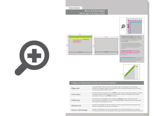 Product Bild block_mit_leimbindung_und_deckblatt__din_a5_quer__50_blatt__4_0_farbig_einseitig_bedruckt